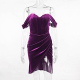 Winter Sexy Purple Off Shoulder Velvet Ruffles Slit Dress