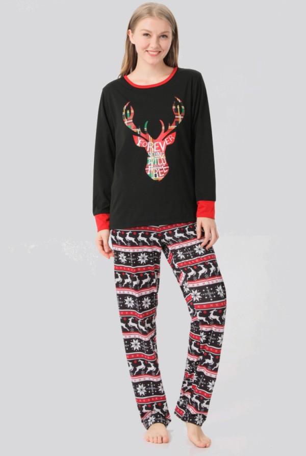 Christmas Women Black Print Long Sleeve Top And Print Pant Pajama Two Piece Set
