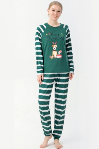 Conjunto de duas peças para mulheres natalinas com estampa de listras verdes de manga comprida e pijama estampado
