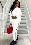 Winter Casual White Zipper Puffed Long Sleeve Crop Top And Pant Two Piece Set