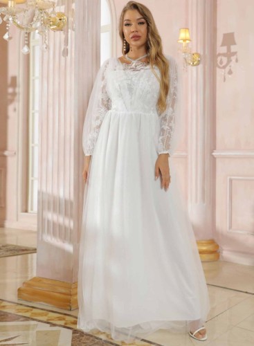 Vestido de novia de manga larga superior de encaje blanco elegante de verano
