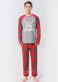 Christmas Men Grey Contrast Plaid Long Sleeve Top And Print Pant Pajama Two Piece Set