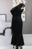 Autumn Elegant Black Irrgular One Shoulder Sleeveless Fishtail Skirt
