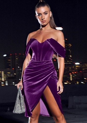 Winter Sexy Purple Off Shoulder Velvet Ruffles Slit Dress