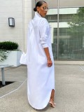 Vestido de camisa de manga comprida de manga comprida com gola para baixo casual branco sólido branco