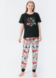 Christmas Women Black Print Short Sleeve Top And Print Pant Pajama Two Piece Set