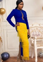 Winter Gelb und Blau Kontrast Quasten Langes Abendkleid