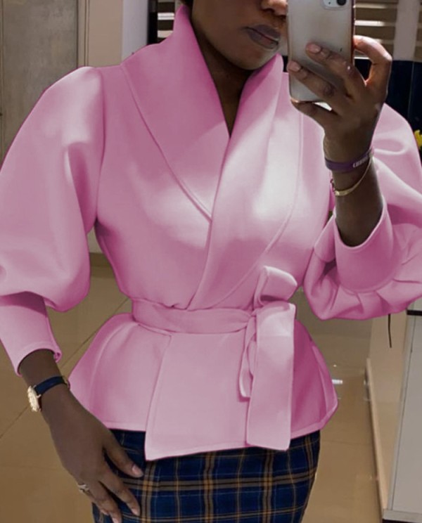 Winter Pink Puff Sleeve Turndown Collar Formal Coat