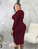 Winter Burgunry Deep-V Sexy Long Sleeves Ruched Party Dress