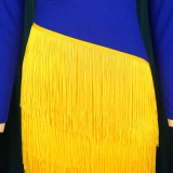Vestido de noche largo con borlas de contraste amarillo y azul de invierno