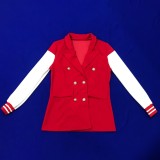 Winter Red Contrast Color Turndown Collar Long Sleeves Office Blazer