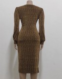 Winter Brown V-Neck Sexy Long Sleeves Midi Party Dress