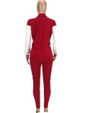 Winter Red Contrast Color Turndown Collar Long Sleeves Office Blazer Suit