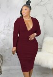 Winter Burgunry Deep-V Sexy Long Sleeves Ruched Party Dress