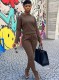 Winter Brown Casual Zippers Long Sleeve Shirt and Pants Two Piece Set