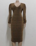 Winter Brown V-Neck Sexy Long Sleeves Midi Party Dress