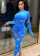 Winter Blue Velvet Hollow Out Sexy Tight Shirt and Pants Two Piece Set