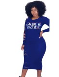 Autumn Blue Letter Print Ripped Long Bodycon Dress