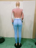 Winter Blue Contrast Color Sexy Lace-Up Knitting Fit Top and Pants Two Piece Set