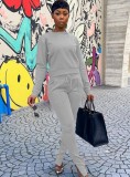 Winter Grey Casual Zippers Long Sleeve Shirt and Pants Two Piece Set