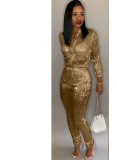 Winter Gold Sequined Zip Up Long Sleeve Formal Jumpsuit