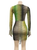 Autumn Green Print Sexy Deep-V Ruched Strings Long Sleeve Bodycon Dress