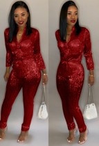 Winter Red Sequined Zip Up Long Sleeve Formal Jumpsuit