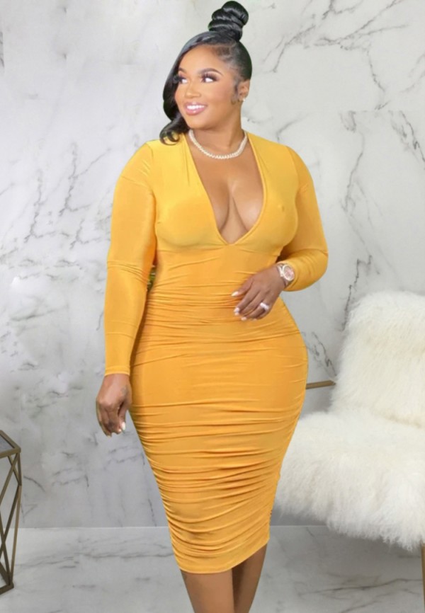 Winter Yellow Deep-V Sexy Long Sleeves Ruched Party Dress