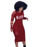 Autumn Red Letter Print Ripped Long Bodycon Dress