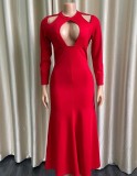 Winter Red Hollow Out Long Sleeves Mermaid Evening Dress