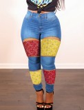 Winter Blue Print Patch Ripped High Waist Tight Jeans