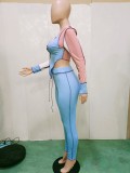 Winter Blue Contrast Color Sexy Lace-Up Knitting Fit Top and Pants Two Piece Set