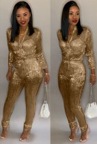 Winter Gold Sequined Zip Up Long Sleeve Formal Jumpsuit