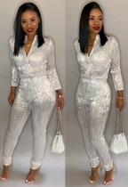 Winter Silver Sequined Zip Up Long Sleeve Formal Jumpsuit