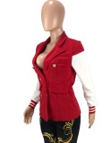 Winter Red Contrast Color Turndown Collar Long Sleeves Office Blazer