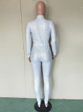 Winter Silver Sequined Zip Up Long Sleeve Formal Jumpsuit