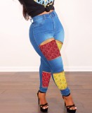 Winter Blue Print Patch Ripped High Waist Tight Jeans