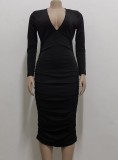 Winter Dark Grey Deep-V Sexy Long Sleeves Ruched Party Dress