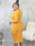 Winter Yellow Deep-V Sexy Long Sleeves Ruched Party Dress