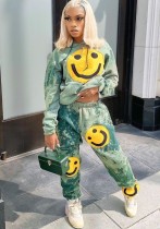Winter Green Print Smile Emoji Hood Pantalones de dos piezas Sweatsuit