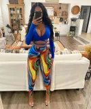Fall Sexy Blue Turndown Collar Wrap Tied Long Sleeve Crop Top and Printed Tight Pants Set