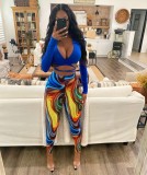 Fall Sexy Blue Turndown Collar Wrap Tied Long Sleeve Crop Top and Printed Tight Pants Set