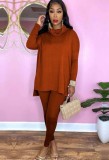 Winter Solid Brown Turtleneck Long Sleeve Loose Top and Match Pants Two Piece Set