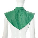 Winter Sexy Green PU Leather Turndown Collar Open Size Blouse