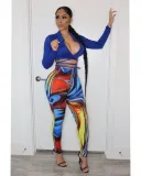 Fall Sexy Blue Turndown Collar Wrap Tied Long Sleeve Crop Top and Printed Tight Pants Set