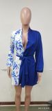 Autumn Blue Print V-Neck Wrap Elegant Cocktail Dress
