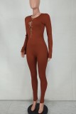 Winter Sexy Brown Chain Lace-up Long Sleeve Tight Jumpsuits