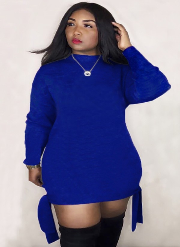 Winter Blue Plus Size Round Neck Size Tied Long Sleeve Casual Dress