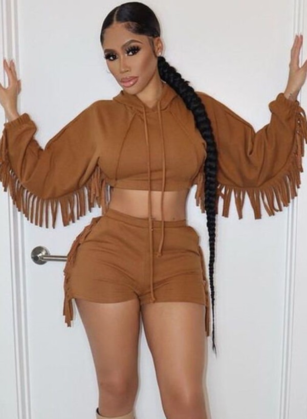 Winter Solid Brown Fringe Tassel Cropped Hoodies and Match Shorts Two Piece Set
