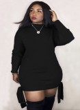 Winter Black Plus Size Round Neck Size Tied Long Sleeve Casual Dress